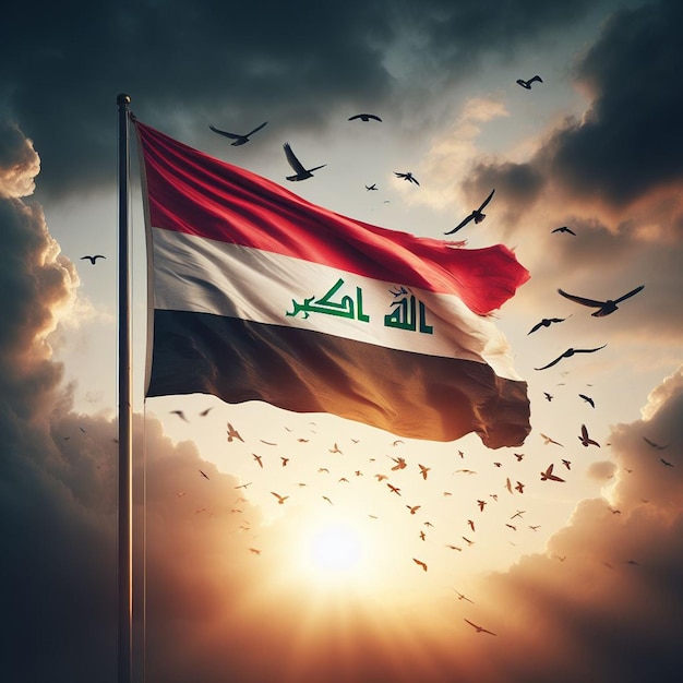 La bandiera nazionale irachena è un tessuto di stoffa che ondeggia nel cielo.