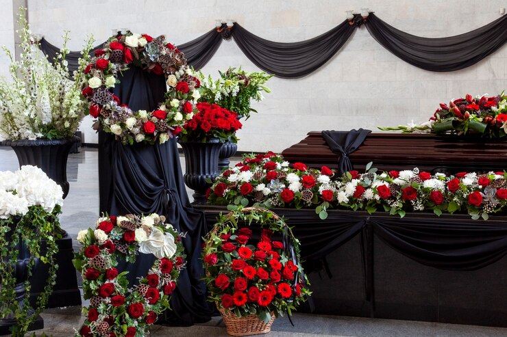 La bara è decorata con vari fiori
