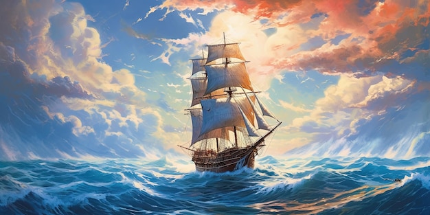 La barca a vela in mare contro il cielo estivo con grandi nuvole illustrazione pittura