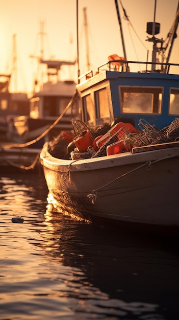 La barca attracca nel porto al tramonto