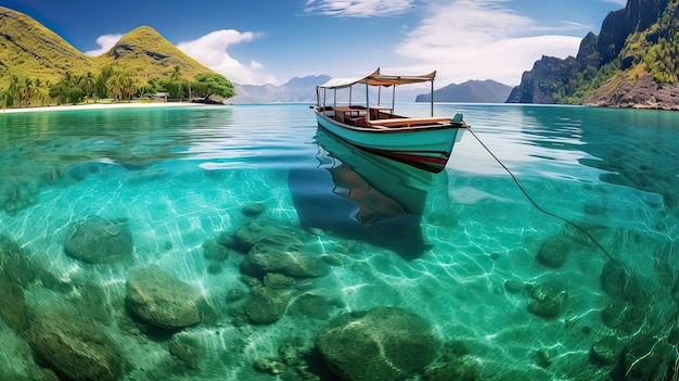 La barca da pesca mantiene la sua rotta armonizzandosi con l'ambiente idilliaco dove la bellezza mozzafiato dei tropici incontra il ritmo del mare Generato da AI