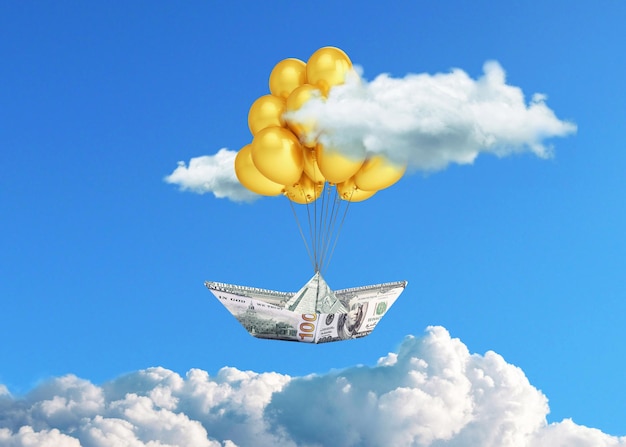 La barca del denaro con i palloncini d'oro decolla nel cielo sopra le nuvole un'idea creativa Crescita economica e concetto di decollo Dollaro sollevato Investimenti e risparmi di successo