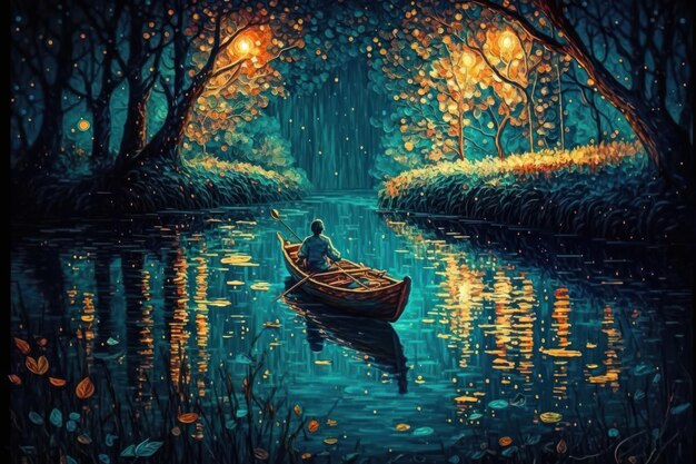 La barca è nel fiume Paesaggio in stile postimpressionismo Immagine bella illustrazione Generativo