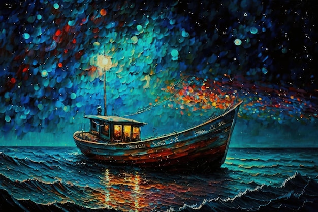 La barca è nel fiume Paesaggio in stile postimpressionismo Immagine bella illustrazione Generativo