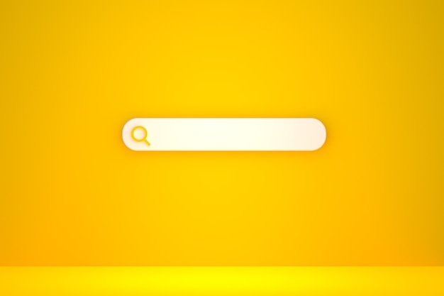 La barra di ricerca e la ricerca di icone 3d rendono il design minimale su sfondo giallo