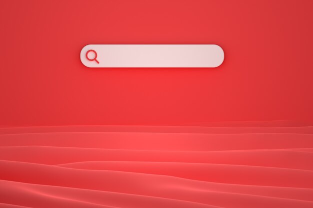 La barra di ricerca e la ricerca di icone 3d rendono il design minimale su sfondo rosso