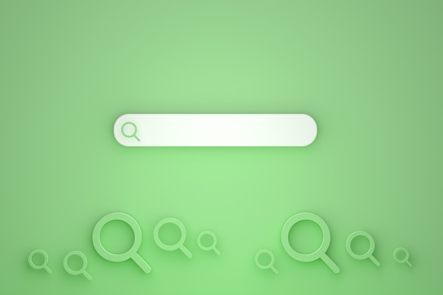 La barra di ricerca e la ricerca di icone 3d rendono il design minimale su sfondo verde