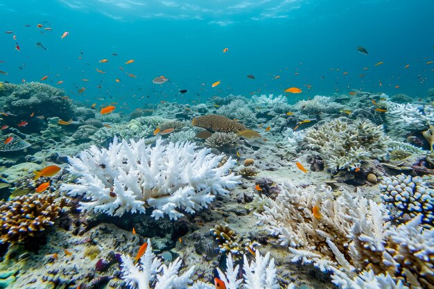 La barriera corallina è danneggiata dall'inquinamento. Il corallo è sbiancato e sta morendo e ci sono pesci che nuotano intorno ad esso.