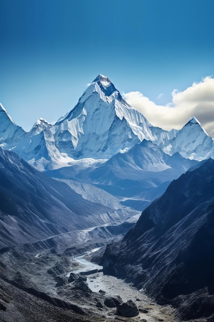 La base del monte everest da un terreno roccioso nello stile del cielo luminoso AI generativo