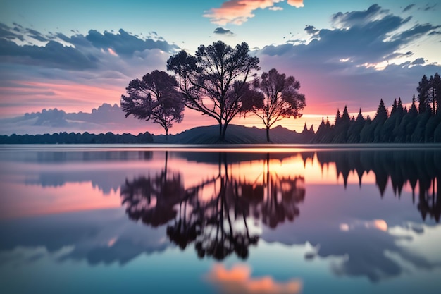 La bella carta da parati di fotografia del paesaggio naturale del lago rilassa l'illustrazione gioiosa