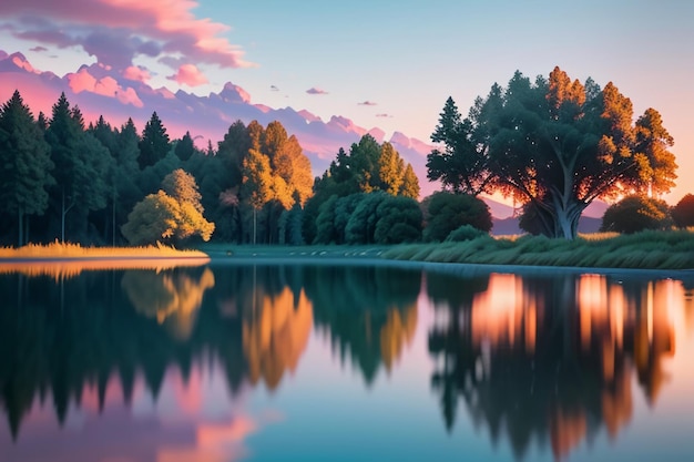 La bella carta da parati di fotografia del paesaggio naturale del lago rilassa l'illustrazione gioiosa