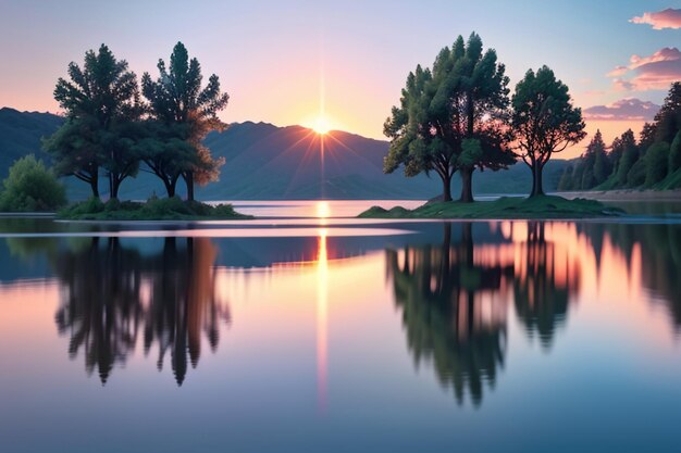 La bella carta da parati di fotografia del paesaggio naturale del lago rilassa l'illustrazione gioiosa