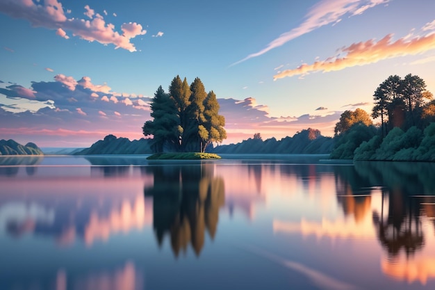 La bella carta da parati di fotografia del paesaggio naturale del lago rilassa l'illustrazione gioiosa