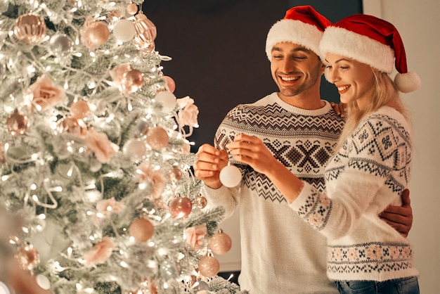 La bella coppia che decora l'albero di Natale