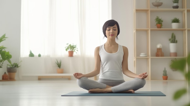 La bella donna asiatica fa l'yoga nell'intelligenza artificiale generativa del salone bianco