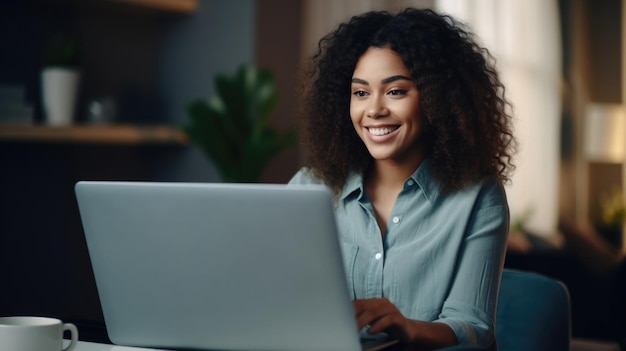 La bella donna etnica sorridente lavora a distanza sul computer portatile da casa