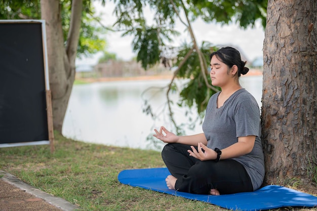 La bella donna grassa asiatica gioca a yoga al parco Necessità di dimagrire il corpo