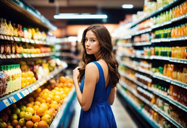 La bella donna sta guardando gli scaffali per comprare qualcosa dal supermercato ai generative
