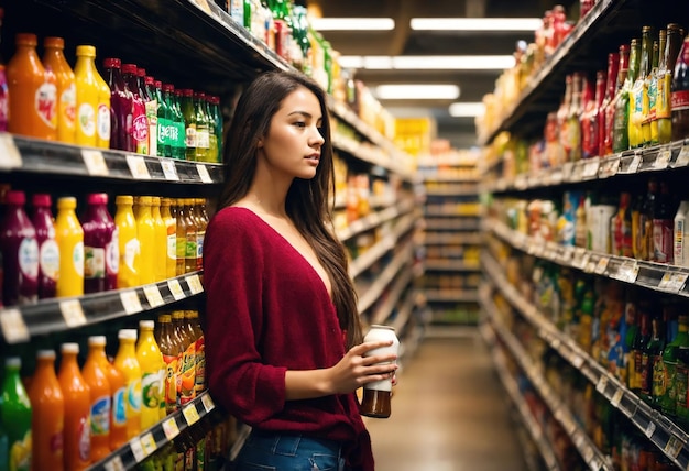 La bella donna sta guardando gli scaffali per comprare qualcosa dal supermercato ai generative