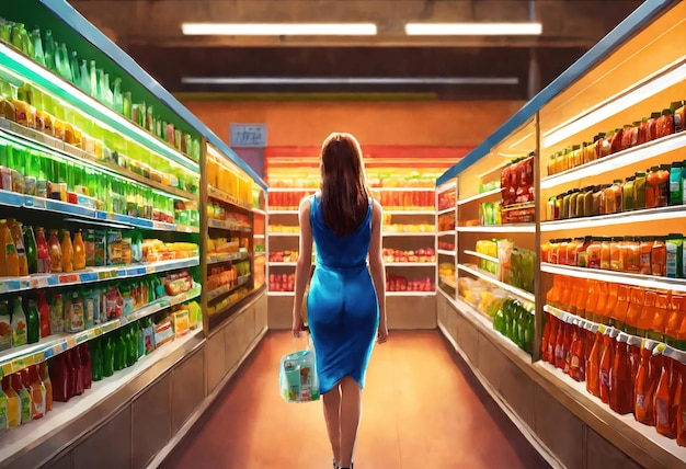 La bella donna sta guardando gli scaffali per comprare qualcosa dal supermercato ai generative