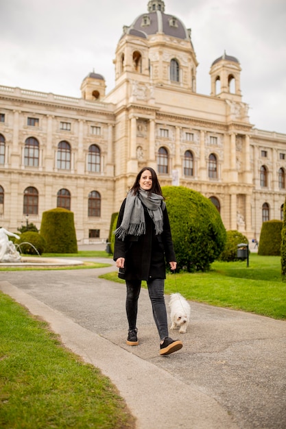 La bella giovane donna felice con il cucciolo sveglio del piccolo cane si diverte sulla via di Vienna, austria