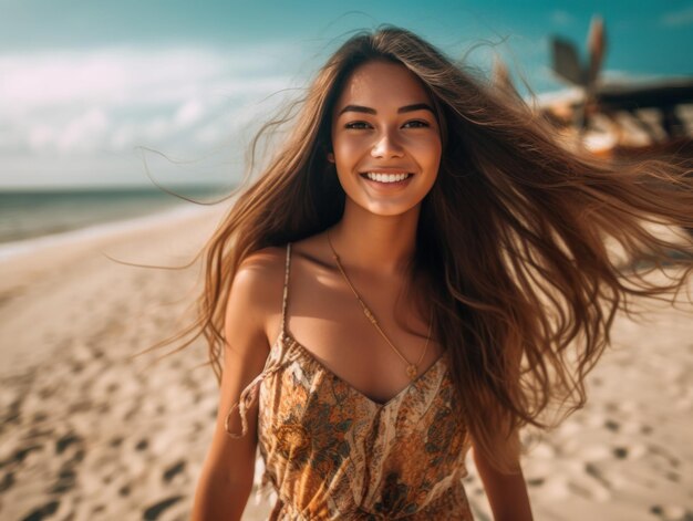 La bella giovane donna felice sta sorridendo sulla spiaggia