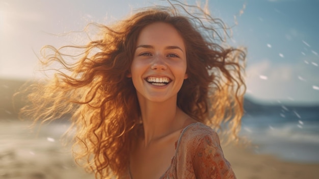 La bella giovane donna felice sta sorridendo sulla spiaggia