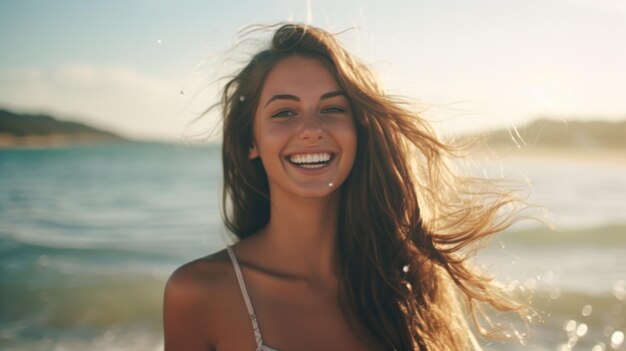 La bella giovane donna felice sta sorridendo sulla spiaggia