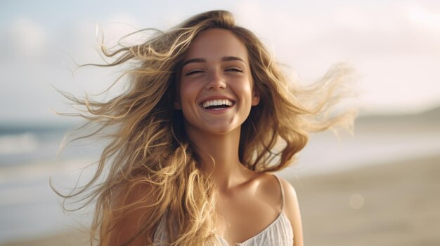 La bella giovane donna felice sta sorridendo sulla spiaggia