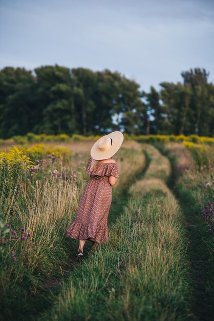 La bella giovane donna in un cappello e un vestito cammina in natura in autunno.