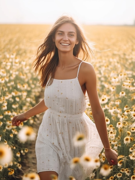 La bella giovane donna sta sorridendo alla foto generativa di alta qualità del campo di girasoli ai