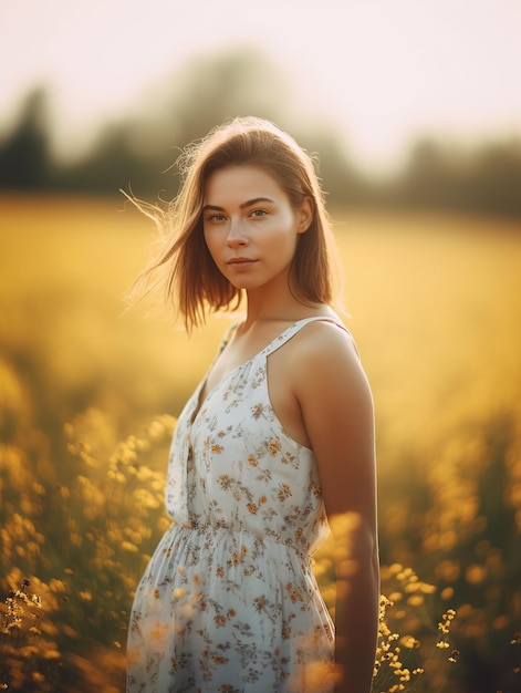 La bella giovane donna sta sorridendo alla foto generativa di alta qualità del campo di girasoli ai