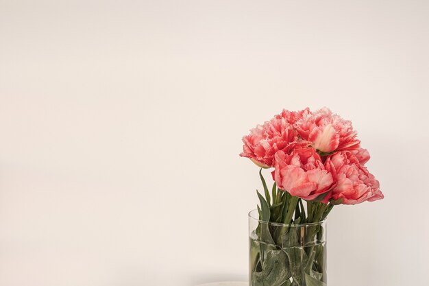 La bella peonia rosa fiorisce il mazzo in vaso di vetro sulla tavola di marmo su bianco