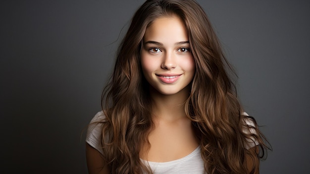 La bella ragazza adolescente sorride per il servizio fotografico in studio