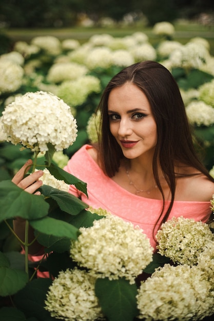 La bella ragazza è in cespugli di fiori di ortensia nel giardino al tramonto. Fiori che sbocciano nelle strade della città.