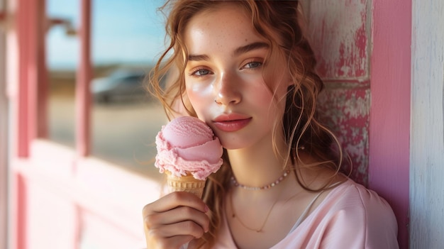 La bella ragazza ha un grande gelato rosa.