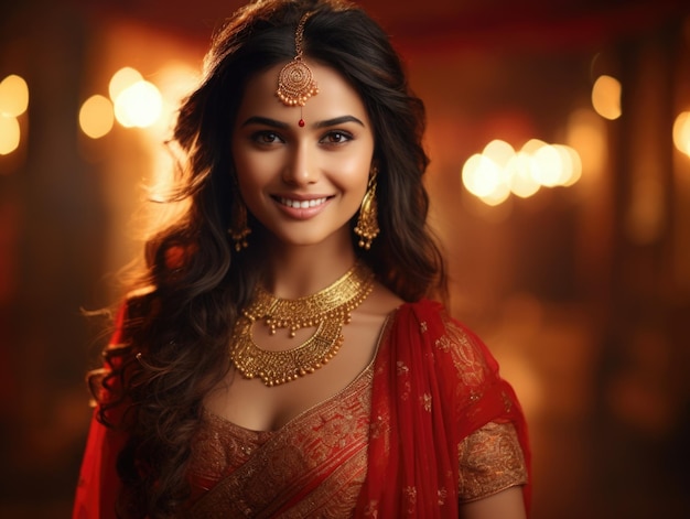 La bella ragazza indiana indossa il sari rosso