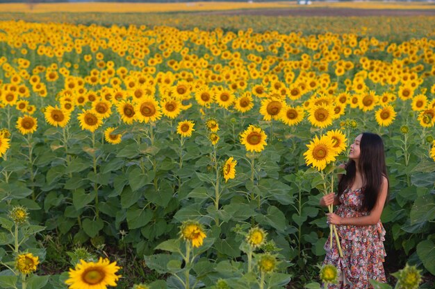 La bella ragazza tiene il girasole che sta al fondo archiviato fiore