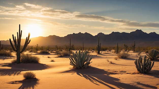 La bellezza del deserto mentre il sole scende sotto l'orizzonte proiettando lunghe ombre di cactus sulla sabbiosa gr