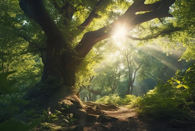 La bellezza del sole mattutino tra i grandi alberi nel mezzo della foresta generativa ai