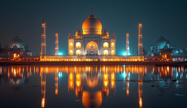 La bellezza del Taj Mahal splende nella notte e si riflette nell'acqua sottostante.