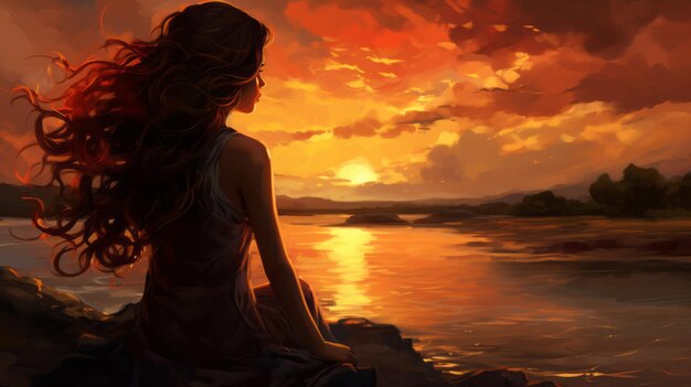 La bellezza del tramonto Un'illustrazione di Speedpainting di una ragazza che guarda il romantico paesaggio fluviale