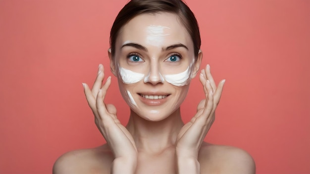 La bellezza del viso di una donna con la crema cosmetica sul viso