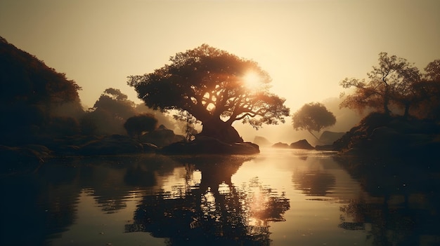 La bellezza dell'alba della natura si riflette in un lago tranquillo con un'alba serena e uno scenario tranquillo silhouette di albero