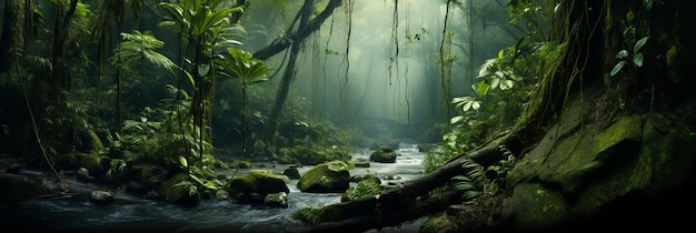 La bellezza della foresta pluviale Il fiume scorre nel verde deserto