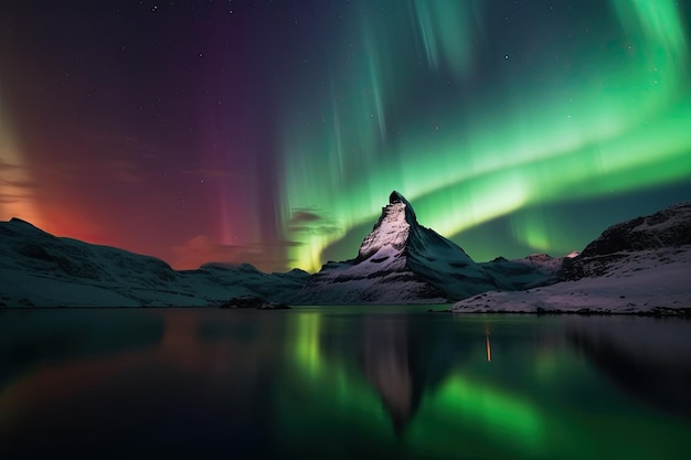 La bellezza della natura si svela sulle montagne innevate con l'Aurora Borealis nel cielo