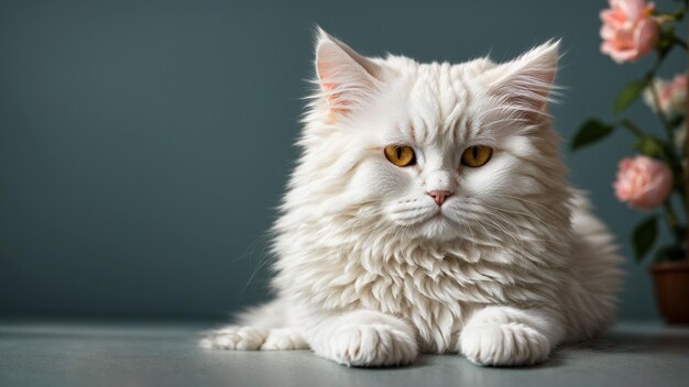 la bellezza della semplicità catturando il gatto persiano bianco in pose minimaliste su un retro a colore solido