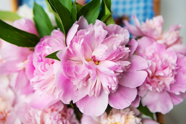 La bellezza di un bouquet di peonie rosa in un'autentica valigia marrone vintage.