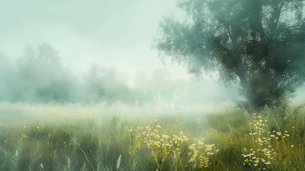 La bellezza eterea delle mattine nebbiose sopra i prati il paesaggio una morbida sfocatura di verdi e gialli che si sveglia al giorno