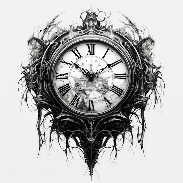 La bellezza intricata di uno stile gotico Sketch del quadrante dell'orologio Affascinante arte in bianco e nero su un trans